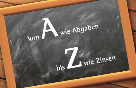Tafel mit der Aufschrift »Von A wie Abgaben bis Z wie Zinsen«.